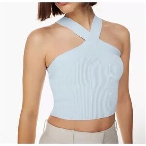 Babaton Pale Blue Ribbed Cross-Neck Crop Top